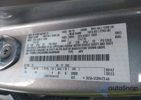 2021 Ford Escape Se z USA, uszkodzony, nr VIN 1FMCU9G66MUA99949